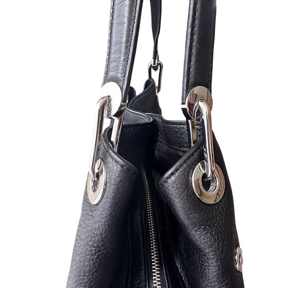 Michael Kors Black Leather Raven Silver Flower Stud Large Shoulder Tote Purse - Picture 12 of 16